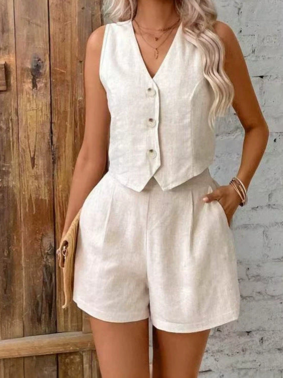 Conjunto de chaleco y pantal�n corto de lino para mujer