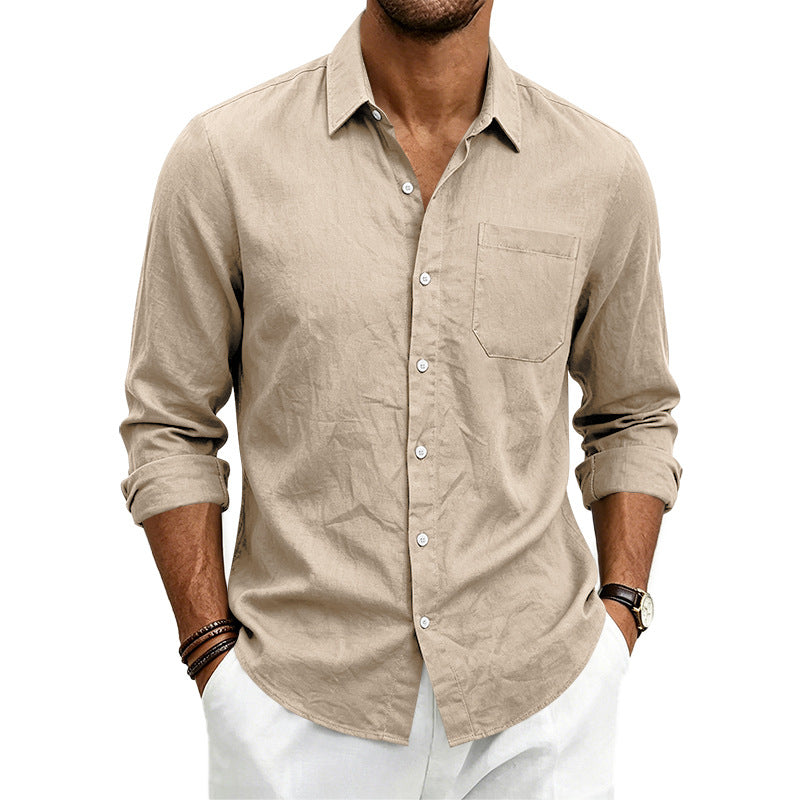 Camisa formal de lino para hombre, de color liso, manga larga y cierre de botones
