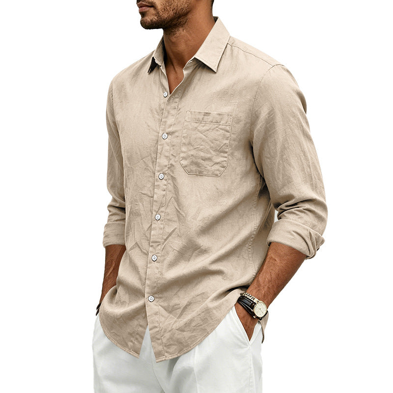 Camisa formal de lino para hombre, de color liso, manga larga y cierre de botones