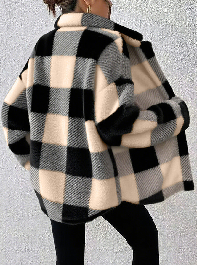 Chaqueta formal de cuadros de felpa con cierre frontal de botones