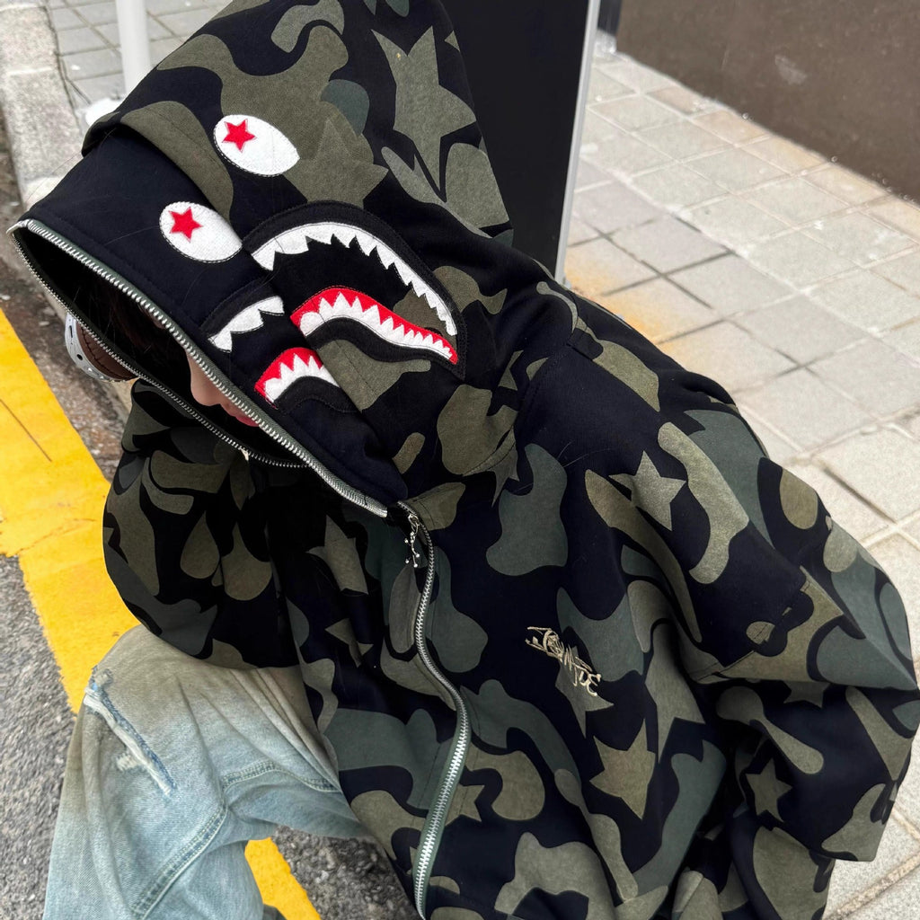 Camouflage Shark Print Zip-Up Hooded Sweatshirt Jacket Unisex Casual Outerwear