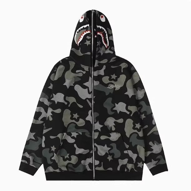Camouflage Shark Print Zip-Up Hooded Sweatshirt Jacket Unisex Casual Outerwear