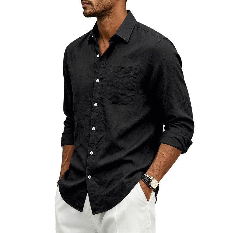 Camisa formal de lino para hombre, de color liso, manga larga y cierre de botones