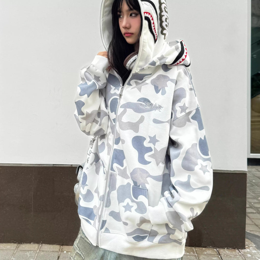 Camouflage Shark Print Zip-Up Hooded Sweatshirt Jacket Unisex Casual Outerwear
