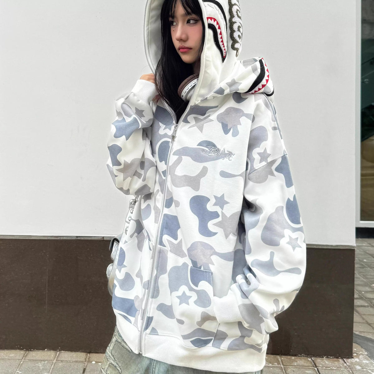 Camouflage Shark Print Zip-Up Hooded Sweatshirt Jacket Unisex Casual Outerwear