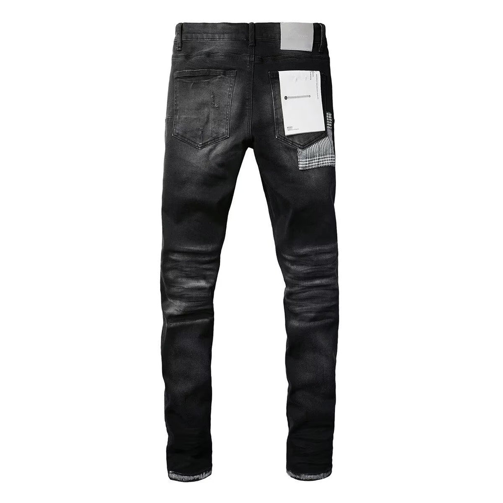 Men's Slim Fit Stretch Black Distressed Patch Vintage Jeans