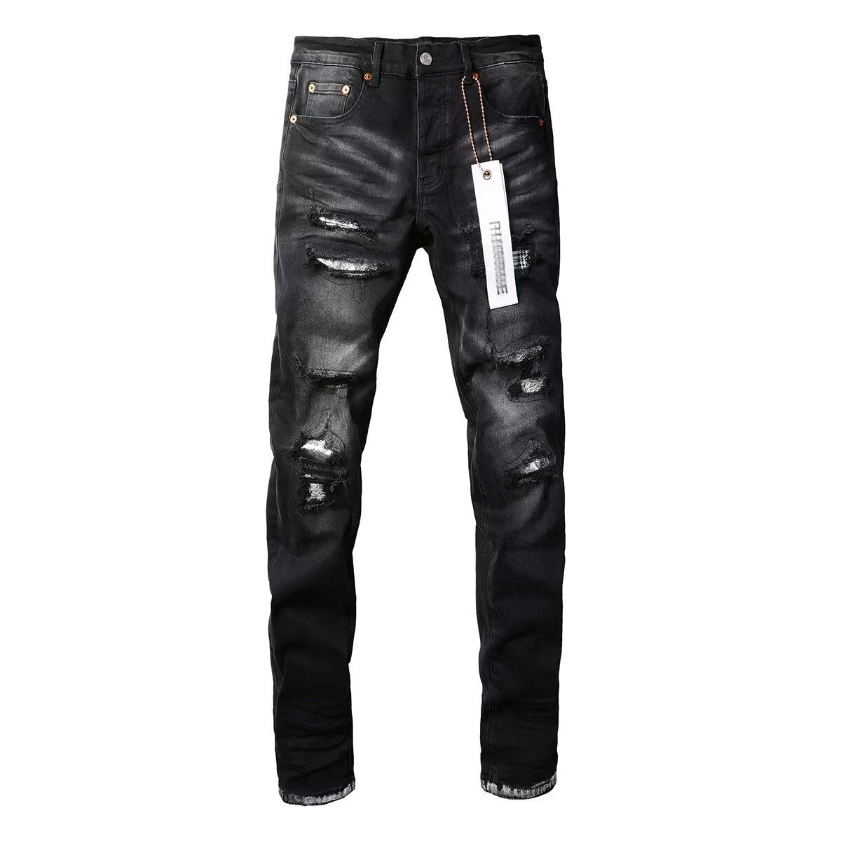 Men's Slim Fit Stretch Black Distressed Patch Vintage Jeans