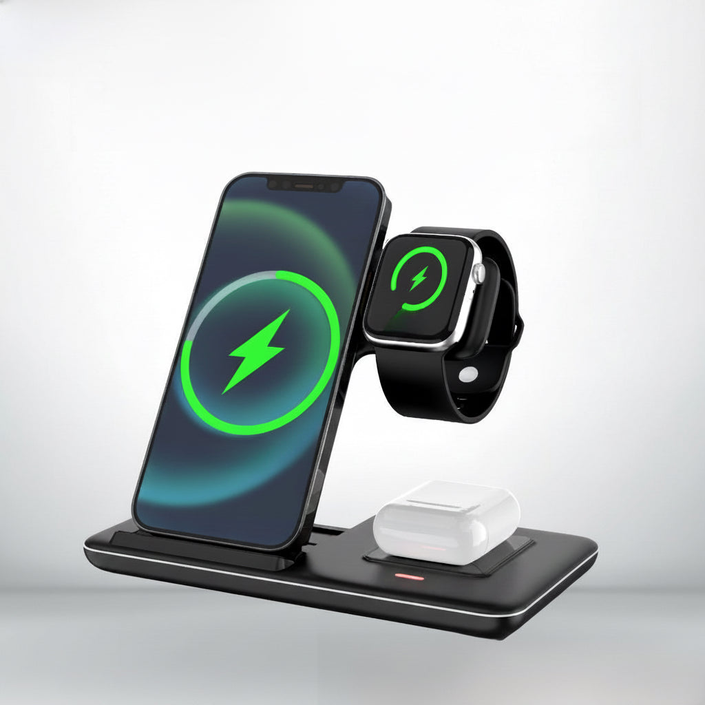 Soporte de Carga Inalámbrica Plegable 3 en 1 | Carga Simultánea para Móvil, Smartwatch y Auriculares | Orden y Potencia en tu Mesa