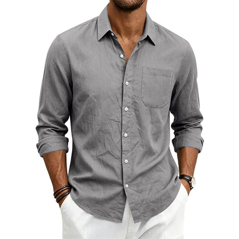 Camisa formal de lino para hombre, de color liso, manga larga y cierre de botones