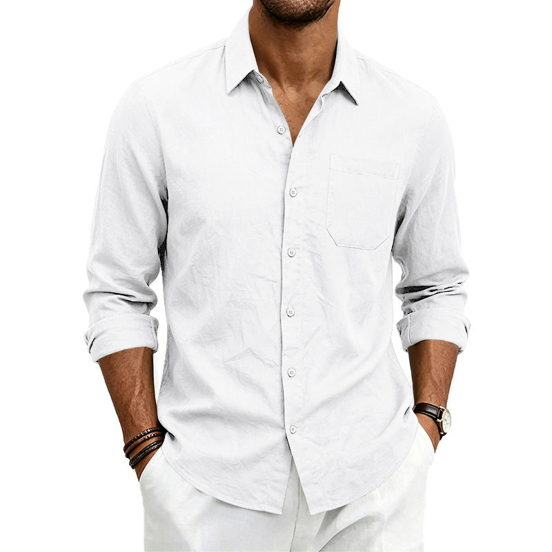 Camisa formal de lino para hombre, de color liso, manga larga y cierre de botones