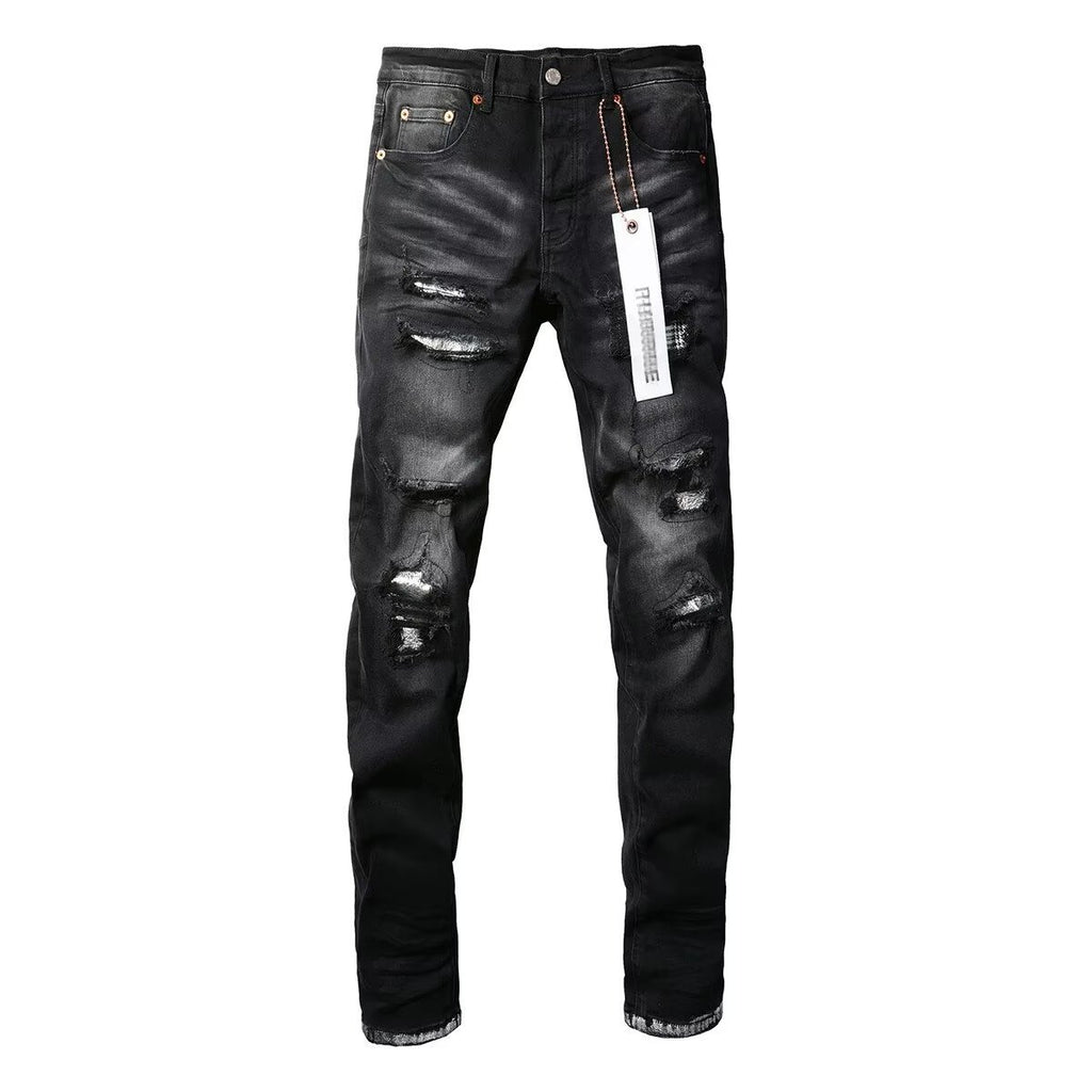 Men's Slim Fit Stretch Black Distressed Patch Vintage Jeans