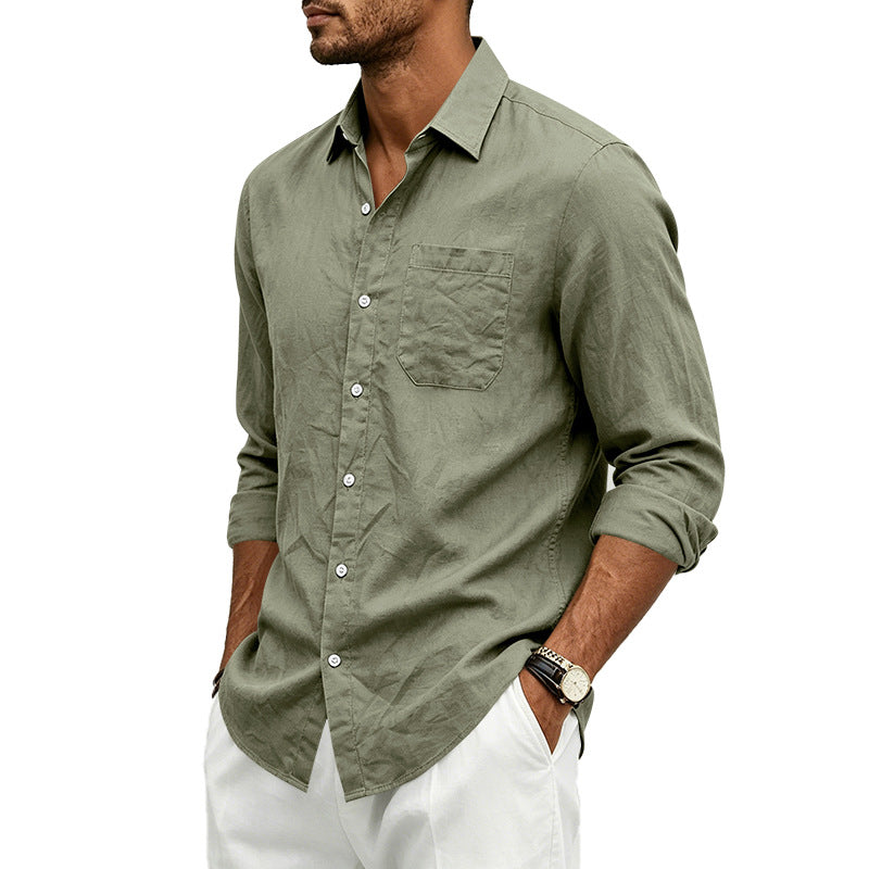 Camisa formal de lino para hombre, de color liso, manga larga y cierre de botones