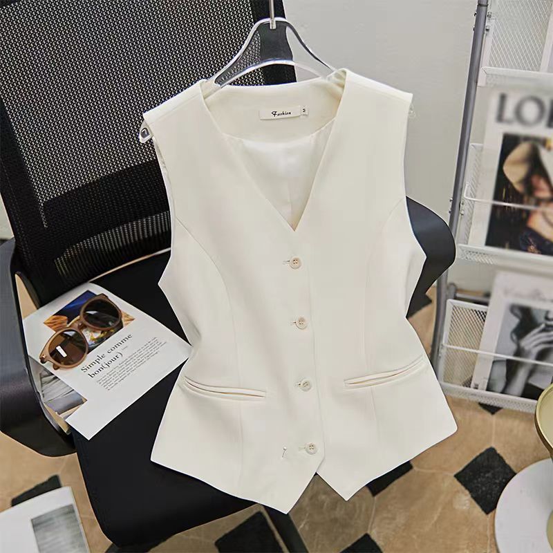 Chaleco tipo chaqueta para mujer con escote en V, efecto cintura entallada y estilo retro franc�s