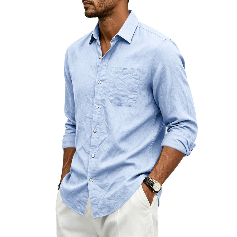 Camisa formal de lino para hombre, de color liso, manga larga y cierre de botones