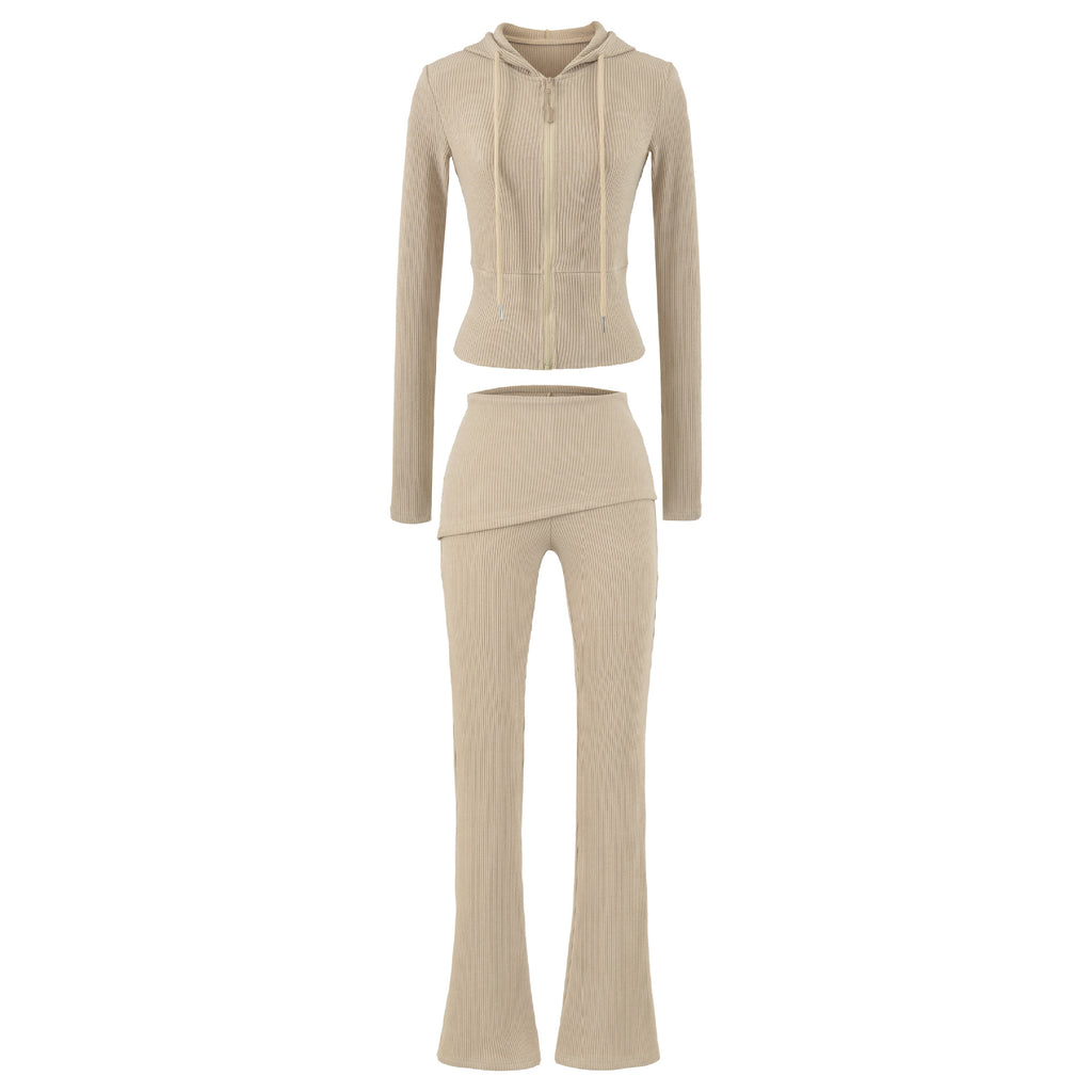 Casual Slim Fit Hooded Long Sleeve Faux Two-Piece Sweatshirt Top with Trendy Pants Set