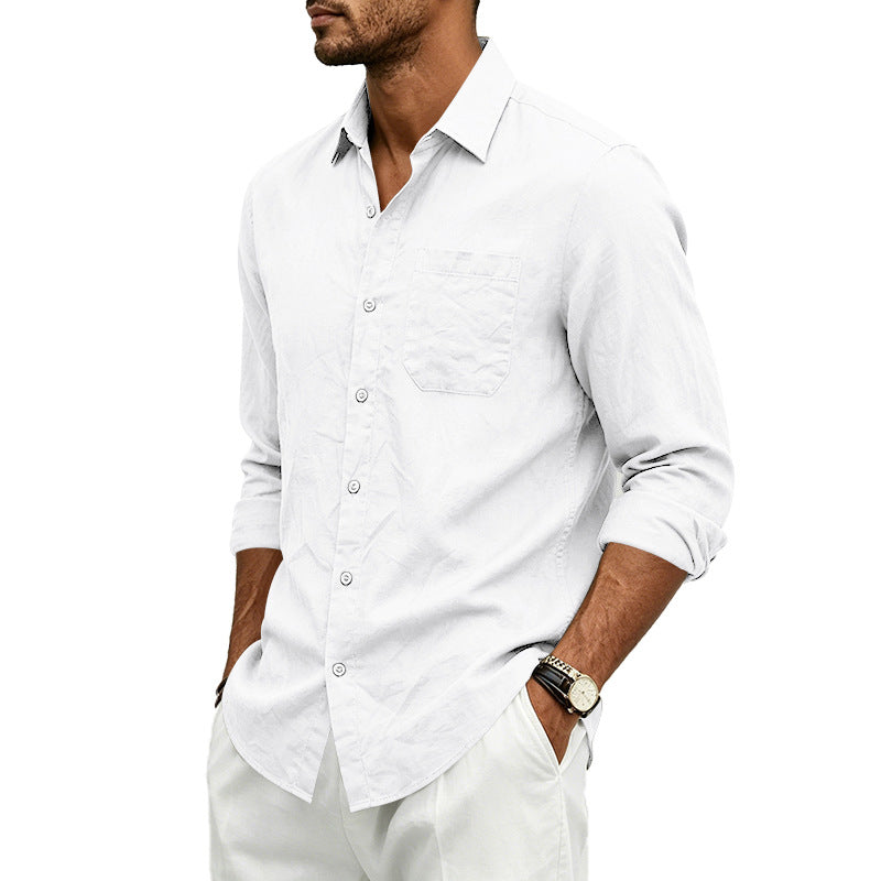 Camisa formal de lino para hombre, de color liso, manga larga y cierre de botones