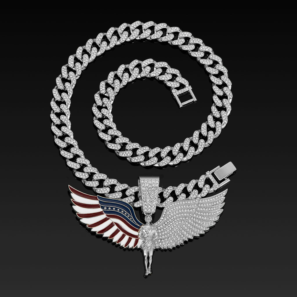Angel Wings Necklace with Large Pendant and Cuban Chain