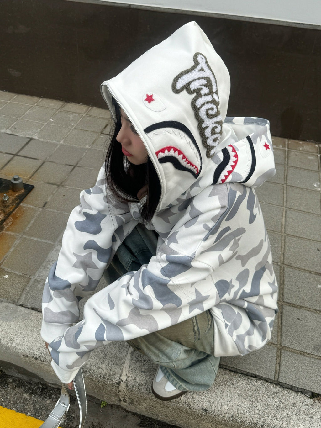 Camouflage Shark Print Zip-Up Hooded Sweatshirt Jacket Unisex Casual Outerwear