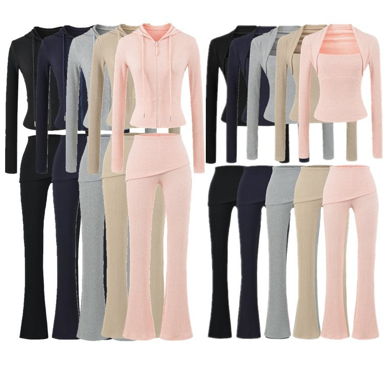 Casual Slim Fit Hooded Long Sleeve Faux Two-Piece Sweatshirt Top with Trendy Pants Set
