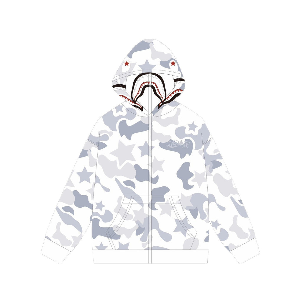 Camouflage Shark Print Zip-Up Hooded Sweatshirt Jacket Unisex Casual Outerwear