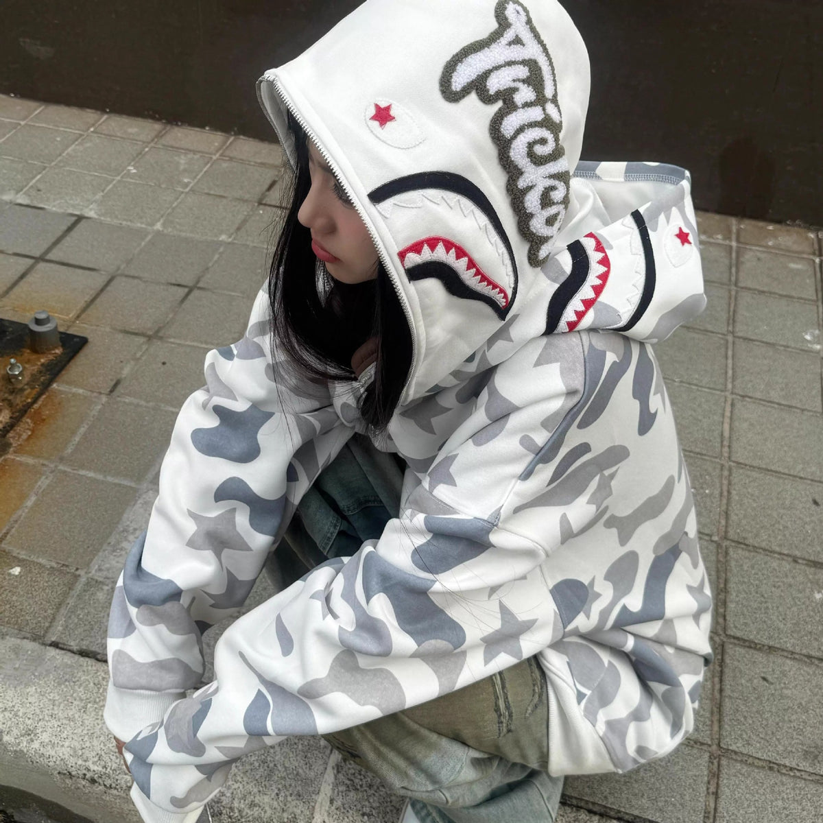 Camouflage Shark Print Zip-Up Hooded Sweatshirt Jacket Unisex Casual Outerwear