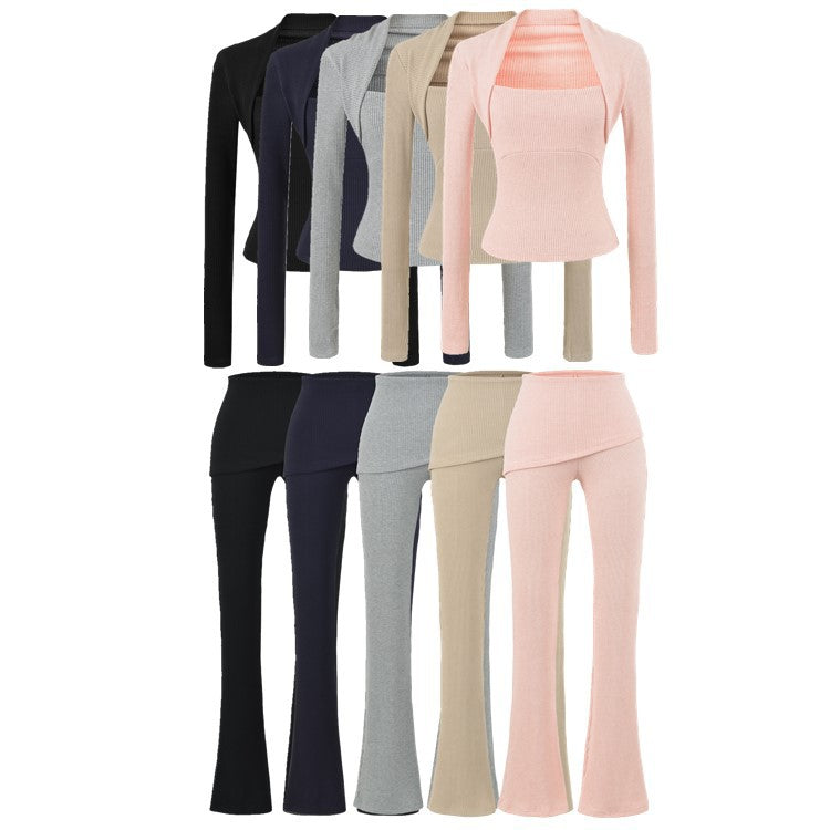 Casual Slim Fit Hooded Long Sleeve Faux Two-Piece Sweatshirt Top with Trendy Pants Set