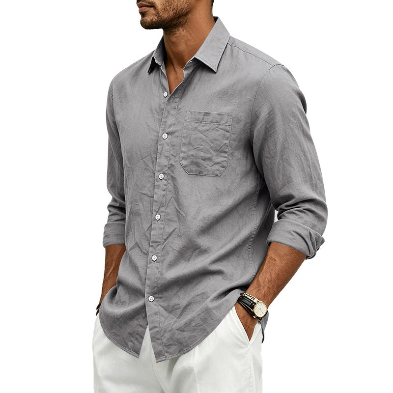 Camisa formal de lino para hombre, de color liso, manga larga y cierre de botones