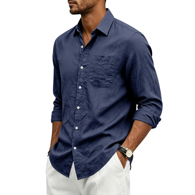 Camisa formal de lino para hombre, de color liso, manga larga y cierre de botones