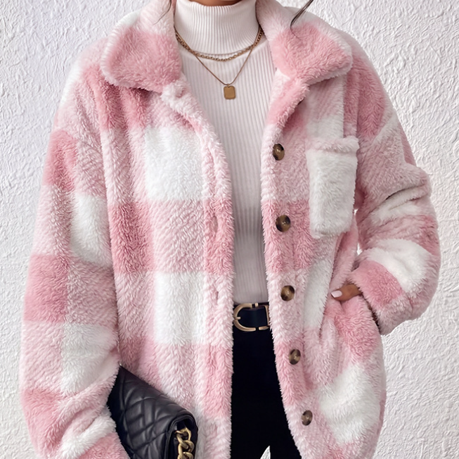 Chaqueta formal de cuadros de felpa con cierre frontal de botones