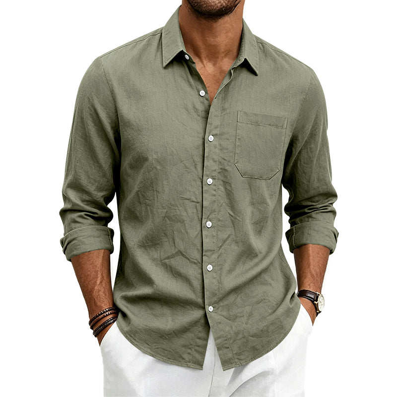 Camisa formal de lino para hombre, de color liso, manga larga y cierre de botones