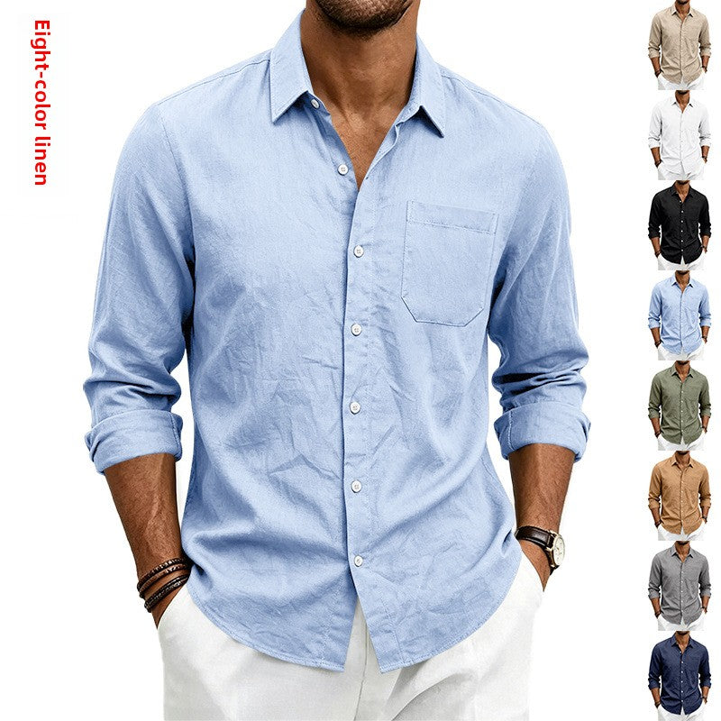 Camisa formal de lino para hombre, de color liso, manga larga y cierre de botones