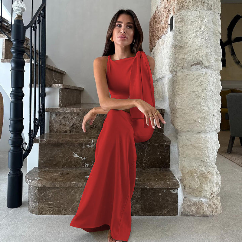 Vestido elegante sin mangas de corte evas� con lazo en los hombros