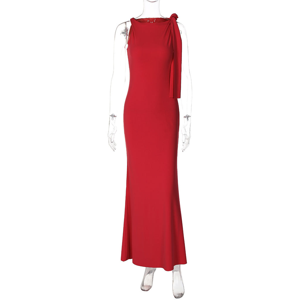 Vestido elegante sin mangas de corte evas� con lazo en los hombros