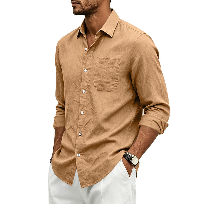 Camisa formal de lino para hombre, de color liso, manga larga y cierre de botones