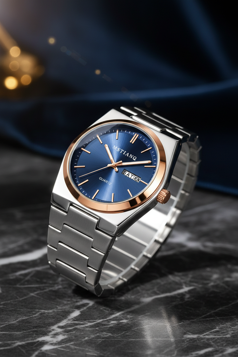 Reloj de hombre clásico de acero inoxidable con esfera azul y detalles en oro rosa, presentación premium para Pinterest